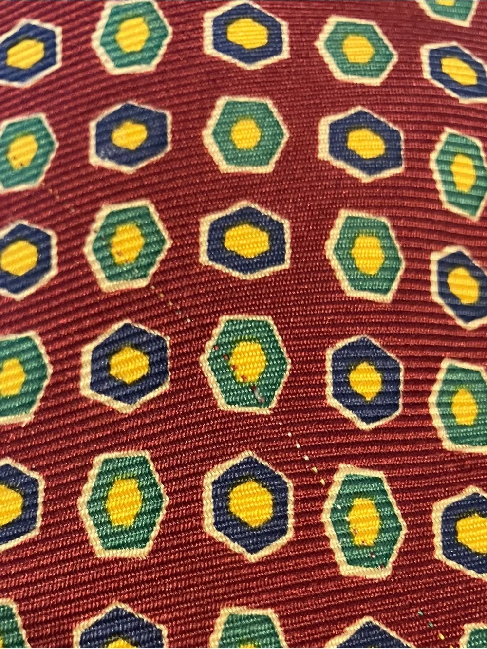 Ralph Lauren Burgundy Silk handmade Tie with Green and Yellow Hex Medallions